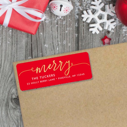 MERRY Script Gold Foil on Red Christmas Address