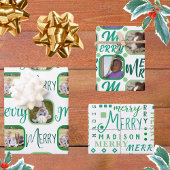 MERRY Script Green on White 4 Foto Christmas Geschenkpapier Set