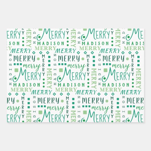MERRY Script Green on White 4 Foto Christmas Geschenkpapier Set (Vorderseite 3)