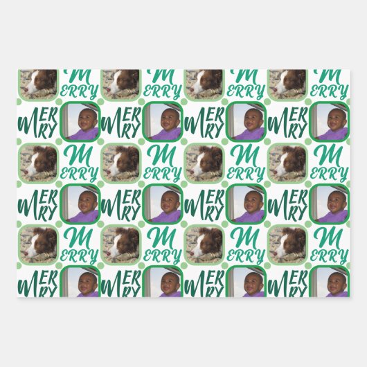 MERRY Script Green on White 4 Foto Christmas Geschenkpapier Set (Vorderseite 2)
