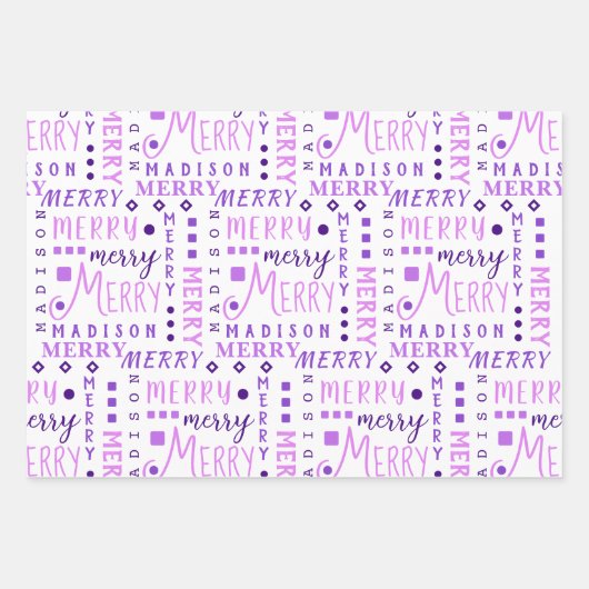 MERRY Script Lila auf White 4 Foto Weihnachten Geschenkpapier Set (Vorderseite 3)