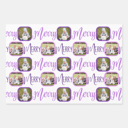 MERRY Script Lila auf White 4 Foto Weihnachten Geschenkpapier Set (Vorderseite)