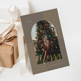 Merry Script Modern Stripes Foto Arch Frame Grau Folien Feiertagskarte
