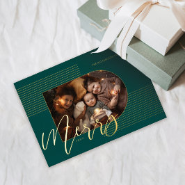 Merry Script Modern Stripes Foto Arch Frame Green Folien Feiertagskarte