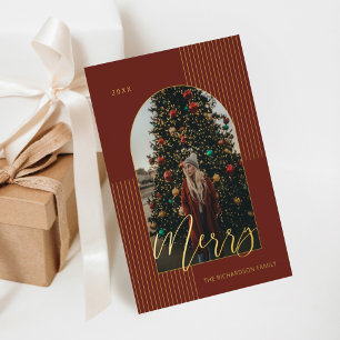 Merry Script Modern Stripes Foto Arch Frame Rot Folien Feiertagskarte