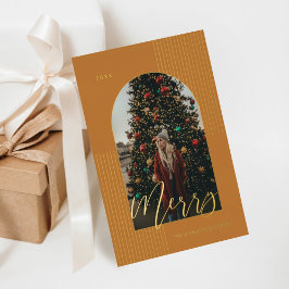 Merry Script Moderner Stripe Foto Arch Frame gelb Folien Feiertagskarte