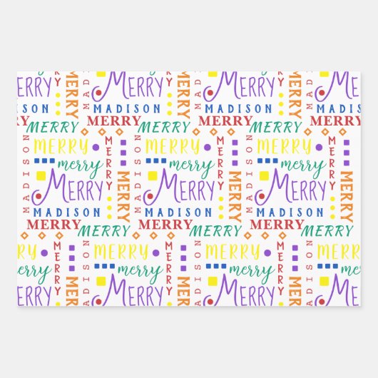 MERRY Script Rainbow On White 4 Foto Weihnachten Geschenkpapier Set (Vorderseite 3)