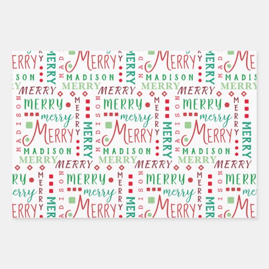 MERRY Script Red Green on White 4 Foto Weihnachten Geschenkpapier Set (Vorderseite 3)