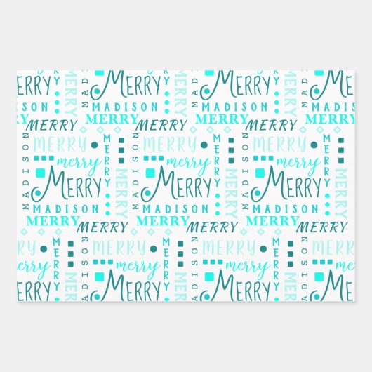 MERRY Script Turquoise On White 4 Foto Weihnachten Geschenkpapier Set (Vorderseite 3)