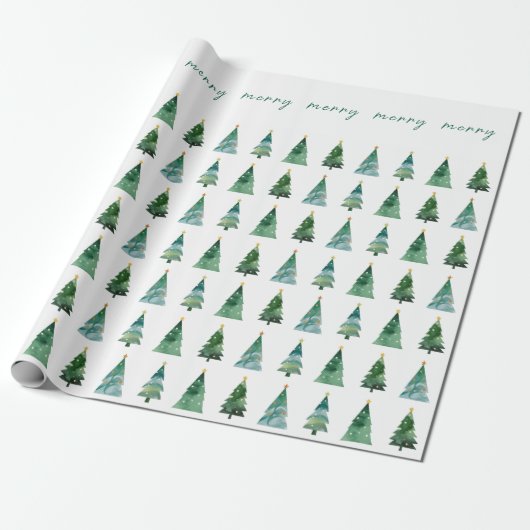Merry Script Watercolor Festive Christmas Tree Geschenkpapier (Ungerollt)