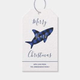 Merry Shark Christmas Blue Kariertes Script Geschenkanhänger