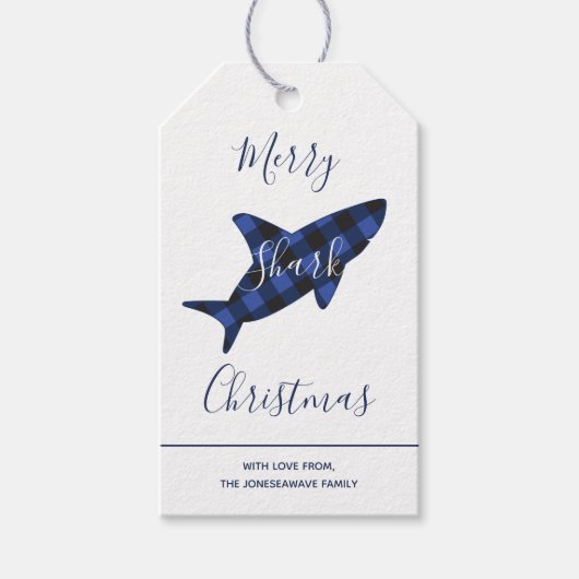Merry Shark Christmas Blue Kariertes Script Geschenkanhänger (Vorderseite)