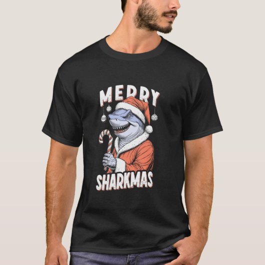 Merry Sharkmas Funny Shark Santa Claus Candy Cane  T-Shirt (Vorderseite)