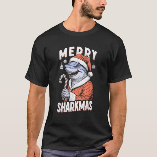 Merry Sharkmas Funny Shark Santa Claus Candy Cane T-Shirt (Vorderseite)