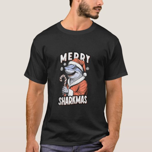 Merry Sharkmas Funny Shark Santa Claus Candy Cane  T-Shirt (Vorderseite)