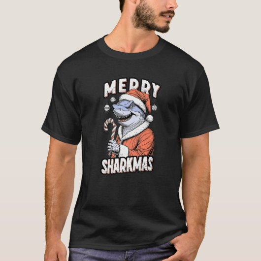 Merry Sharkmas Funny Shark Santa Claus Candy Cane T-Shirt (Vorderseite)