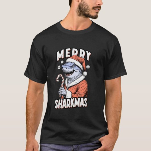 Merry Sharkmas Funny Shark Santa Claus Candy Cane T-Shirt (Vorderseite)