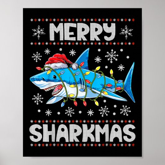 Merry Sharkmas Shark Santa Ugly Christmas Lights B Poster (Vorne)