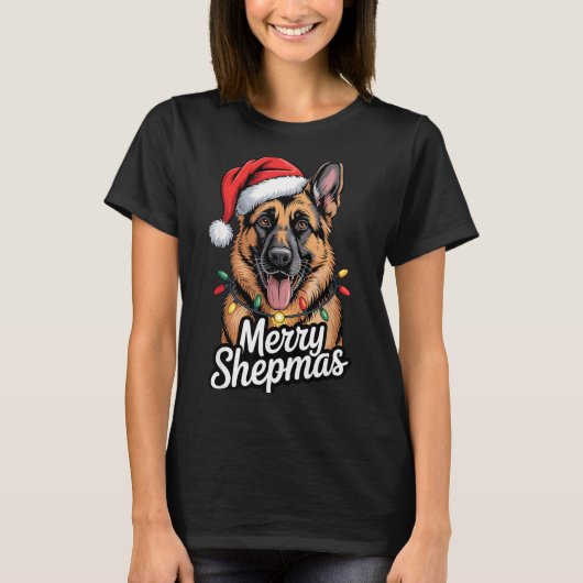 Merry Shepmas German Shepherd Christmas Lights Hum T-Shirt (Vorderseite)