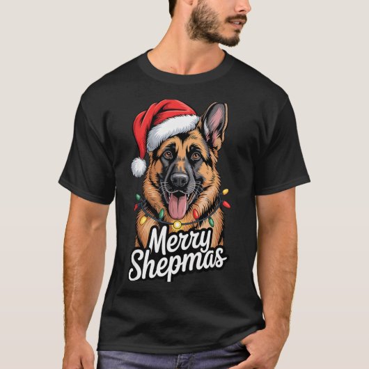 Merry Shepmas German Shepherd Christmas Lights Hum T-Shirt (Vorderseite)