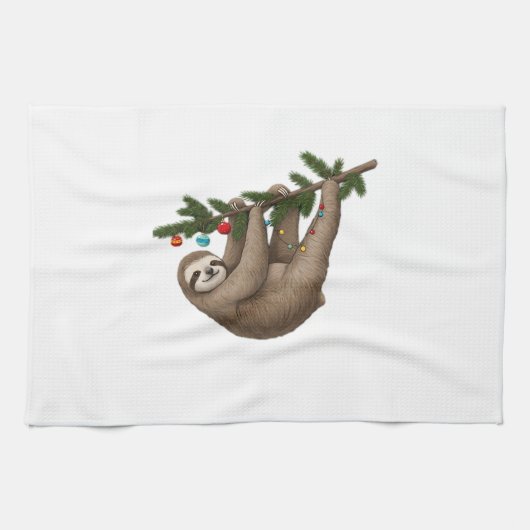 Merry Sloth on Christmas Tree Branch with Ornament Geschirrtuch (Horizontal)