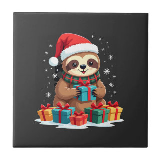 Merry Slothmas cute Christmas sloth Santa hat Xmas Fliese