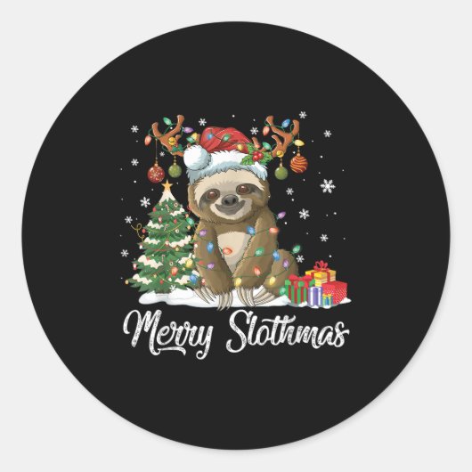 Merry Slothmas Funny Sloth Christmas Tree Lights X Runder Aufkleber (Vorderseite)
