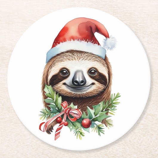 Merry Slothmas Sloth in Weihnachtsmannmütze Red Bo Runder Pappuntersetzer (Vorderseite)
