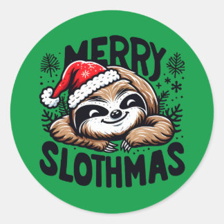 Merry Slothmas! Vector Festive Christmas Sloth Runder Aufkleber