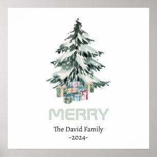 Merry Snow Watercolor Pine Weihnachtsbaum Geschenk Poster