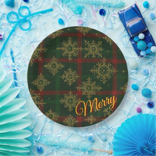 Merry Steampunk Snowflake Red und Green Tartan Pappteller (Party)