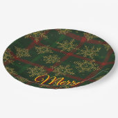 Merry Steampunk Snowflake Red und Green Tartan Pappteller (Schrägansicht)