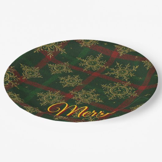 Merry Steampunk Snowflake Red und Green Tartan Pappteller (Schrägansicht)
