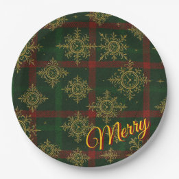 Merry Steampunk Snowflake Red und Green Tartan Pappteller