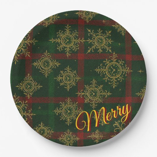 Merry Steampunk Snowflake Red und Green Tartan Pappteller (Vorderseite)