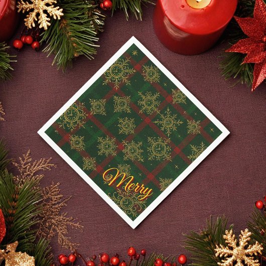 Merry Steampunk Snowflake Red und Green Tartan Serviette