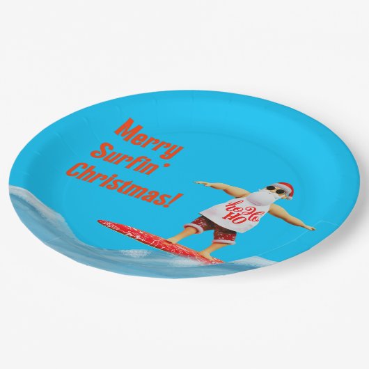 Merry Surfin Weihnachtsmann auf Surfboard Thread P Pappteller (Schrägansicht)