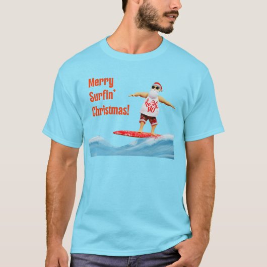 Merry Surfins Weihnachtsmann auf Surfboard T-Shirt (Vorderseite)