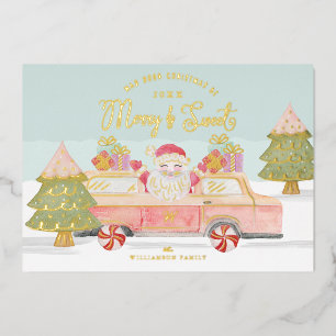 Merry & Sweet Wasserfarben Vintage Rosa Weihnachts Folien Feiertagskarte