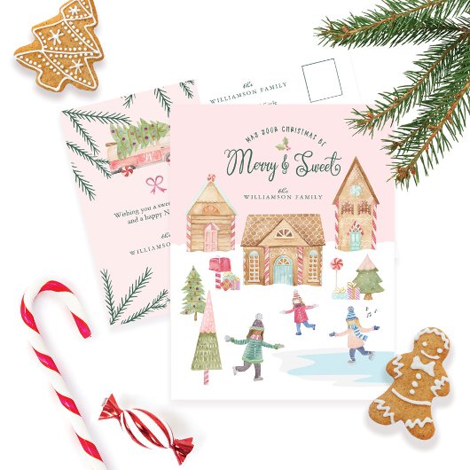 Merry & Sweet Watercolor Gingerbread Candy Village Postkarte