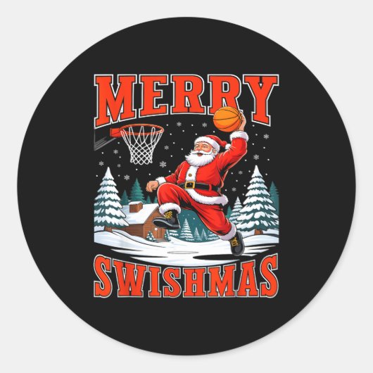 Merry Swishmas Santa Playing Basketball Christmas Runder Aufkleber (Vorderseite)