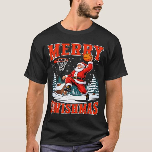 Merry Swishmas Santa Playing Basketball Christmas T-Shirt (Vorderseite)