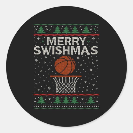 Merry Swishmas Ugly Christmas Sweater Basketball J Runder Aufkleber (Vorderseite)