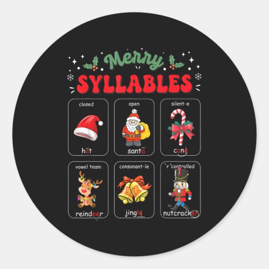 Merry Syllables Xmas Phonics Reading Teacher Holid Runder Aufkleber (Vorderseite)