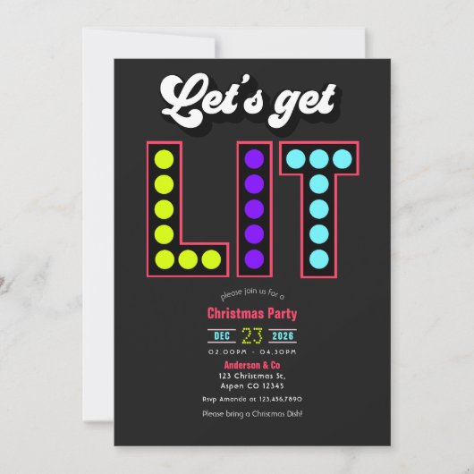 Merry Technicor Lets Get Lit Retro Christmas Party Einladung (Vorderseite)