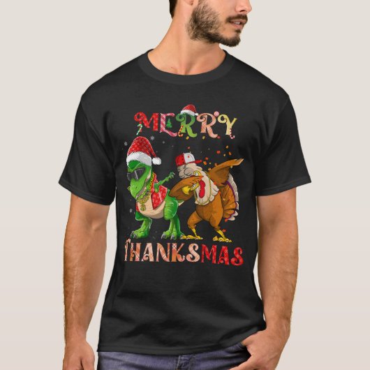 Merry Thanksmas Dinosaur Türkei Rapper Dabbing T-Shirt (Vorderseite)