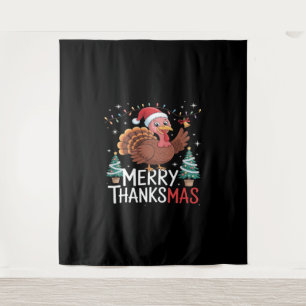 Merry Thanksmas Happy Thanksgiving Santa Turkey Es Wandteppich