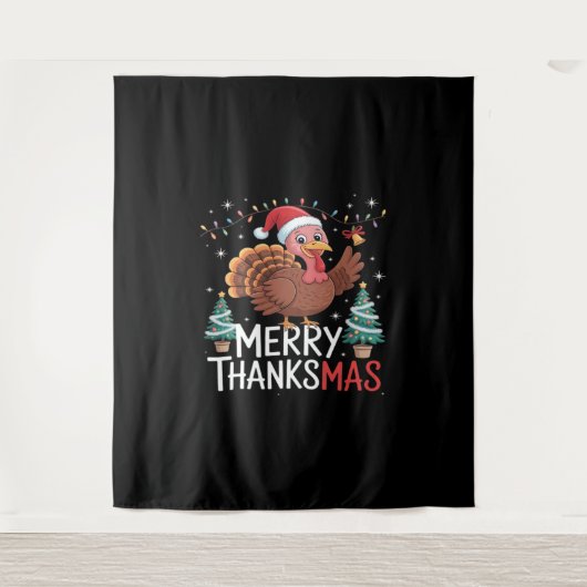 Merry Thanksmas Happy Thanksgiving Santa Turkey Es Wandteppich (Vorderseite)