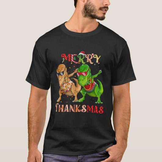 Merry Thanksmas T Rex Dinosaur Rapper Dabbing T-Shirt (Vorderseite)