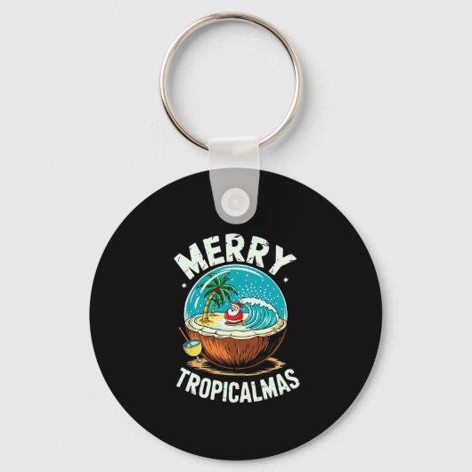 Merry Tropicalmas Surfen Santa Snow Globe Kokosnus Schlüsselanhänger (Vorderseite)